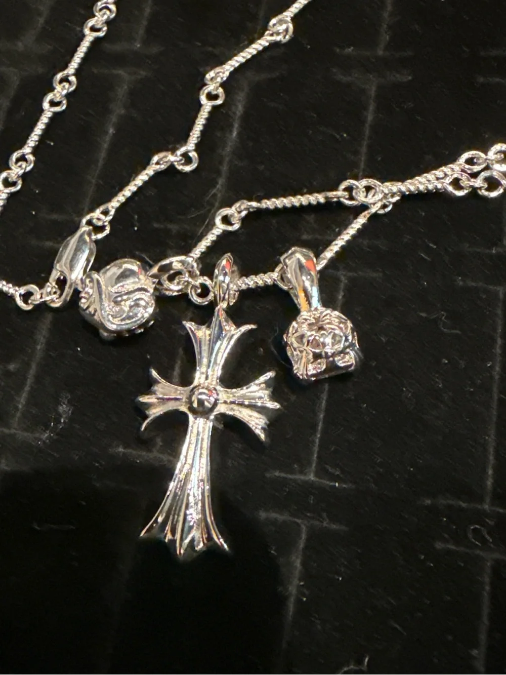 Silver Cross Necklace with Pink Crystal Accents - Women's Jewelry